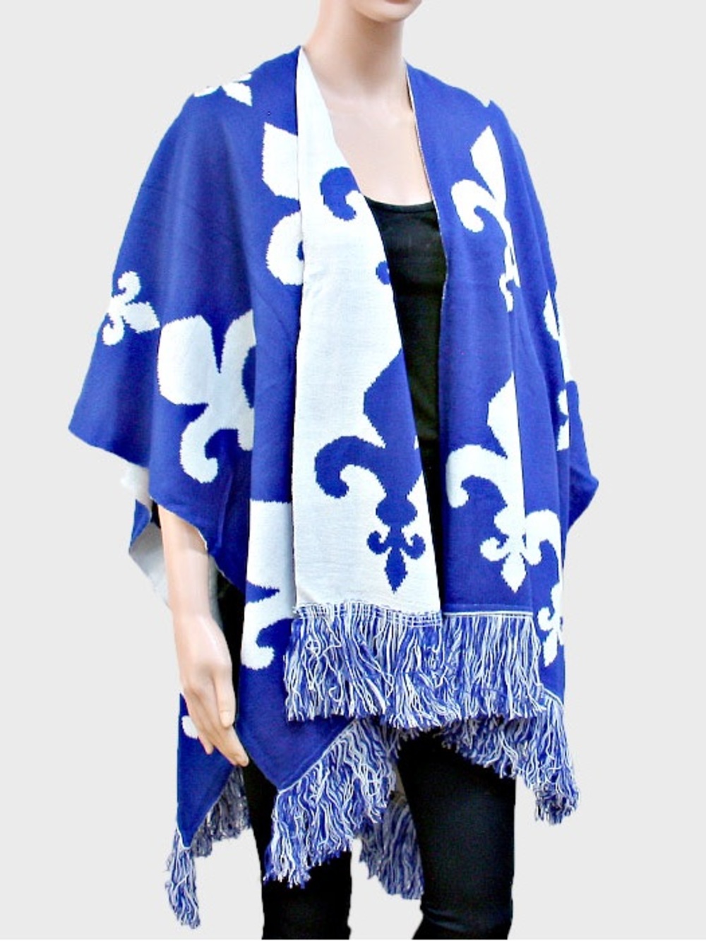 Blue and White Fleur-de-Lis Knit Poncho Sweater